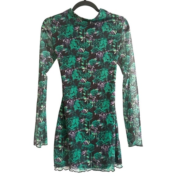 NWT PrettyLittleThing Green Floral Print Mesh Scoop Back Flare Sleeve  Dress - 4 - Picture 3 of 6